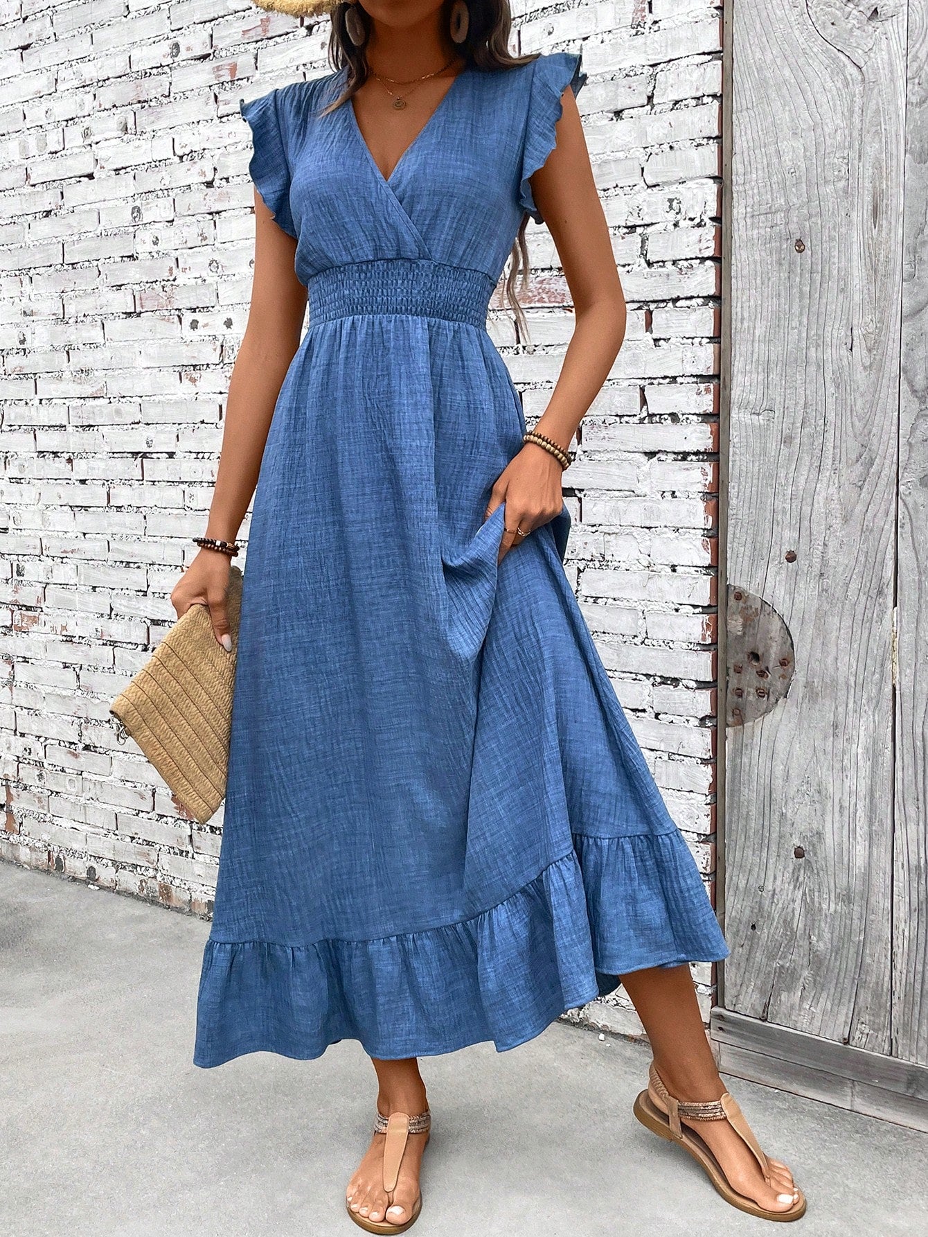 Emilia | Women’s boho midi dress with V neck ruffle trim