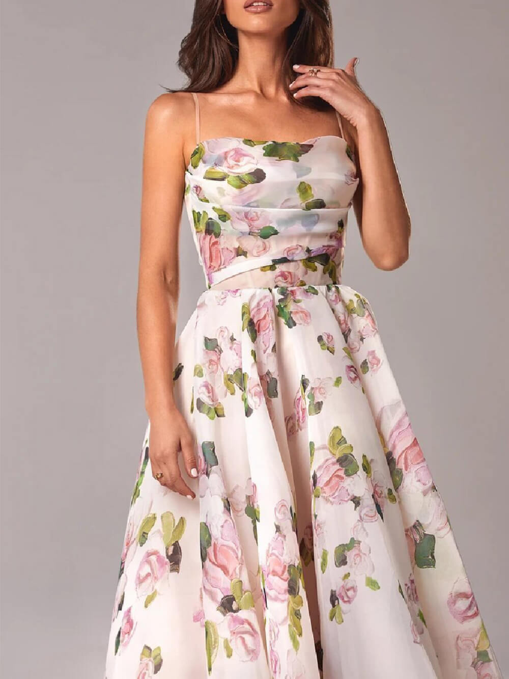Aria | Women's floral A-line midi dress with spaghetti straps