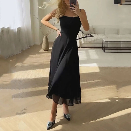 Alana | Women’s Classic Midi Dress With Thin Straps And Flowing Skirt