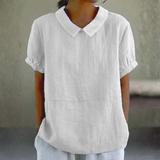 Adeline | Women Linen Peter Pan Collar Blouse with Soft Short Sleeve