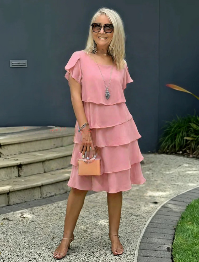 Karina | Short sleeve layered midi dress with flowy silhouette