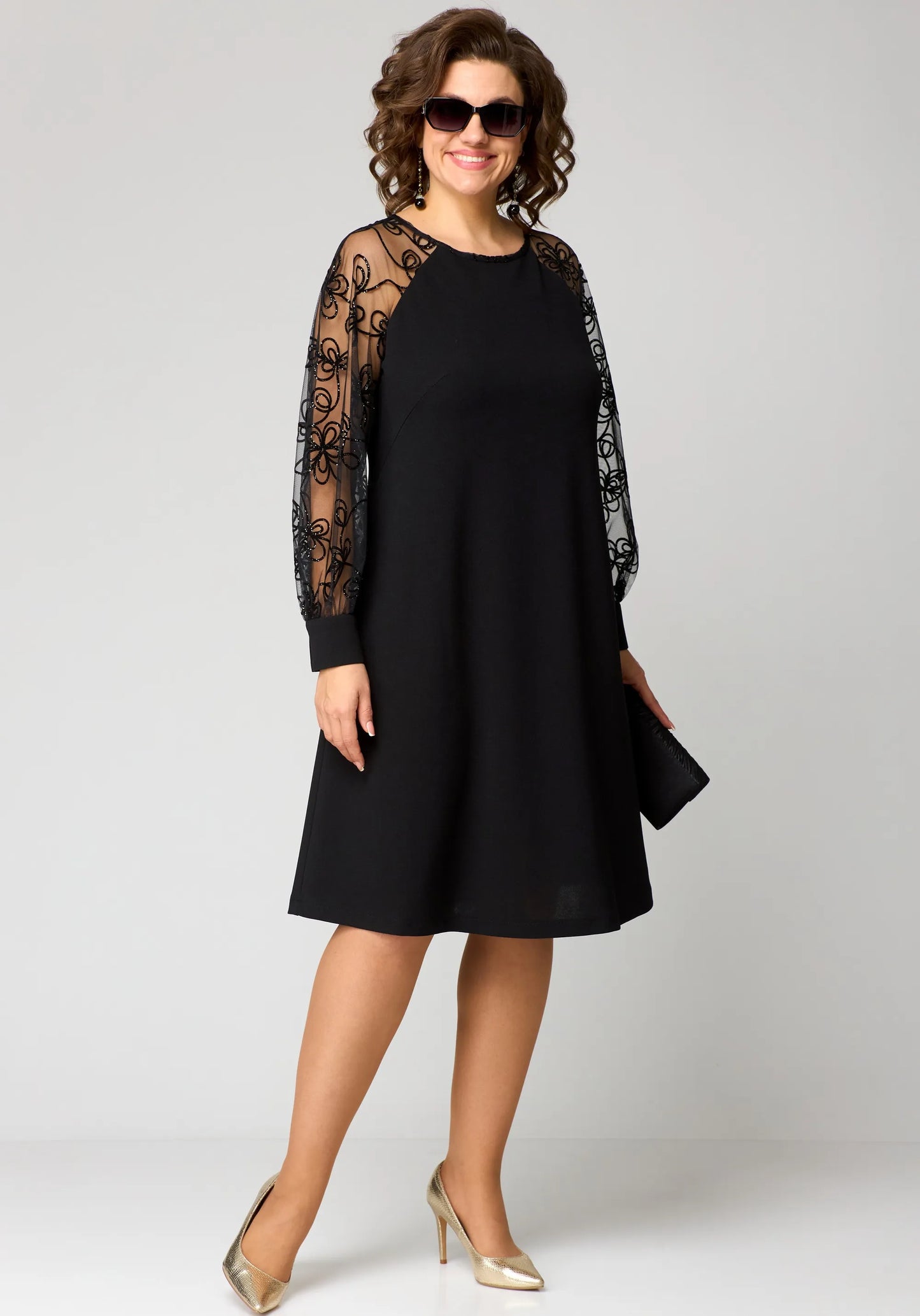 Victoria | Black A Line Cocktail Dress with Sheer Embroidered Sleeves