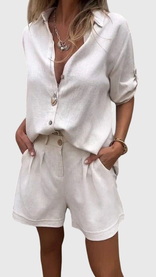 Elvoria | Women Casual Summer Outfit with Short Sleeve Shirt and Matching Shorts Set