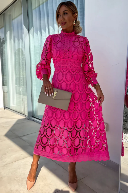 Delphine | Women’s Lace Midi Dress with High Neckline | Puff Sleeves