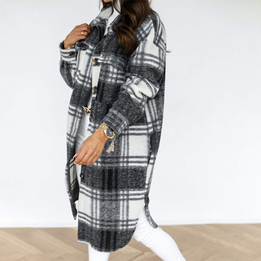 Margaret | Women's Plaid Long Coat with Chest Pockets