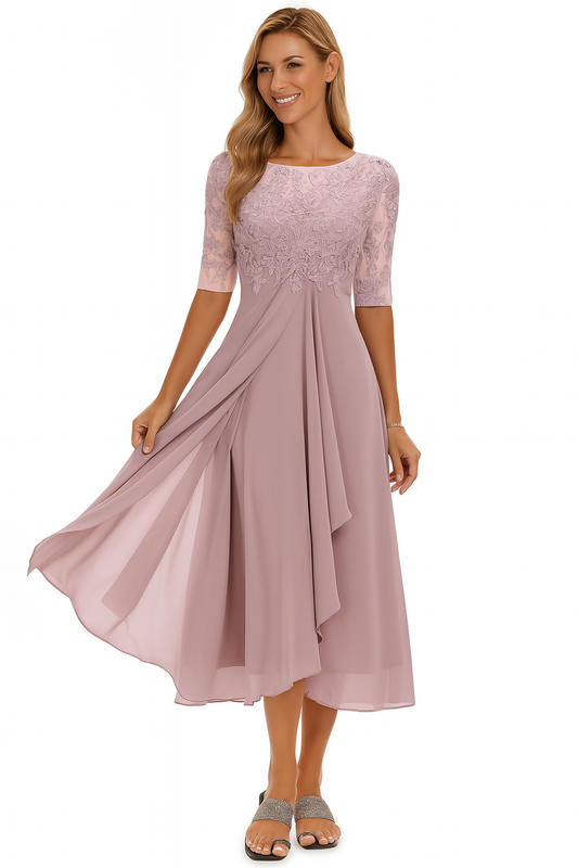 Ava | Elegant Midi Dress with Embroidered Bodice and A Line Skirt