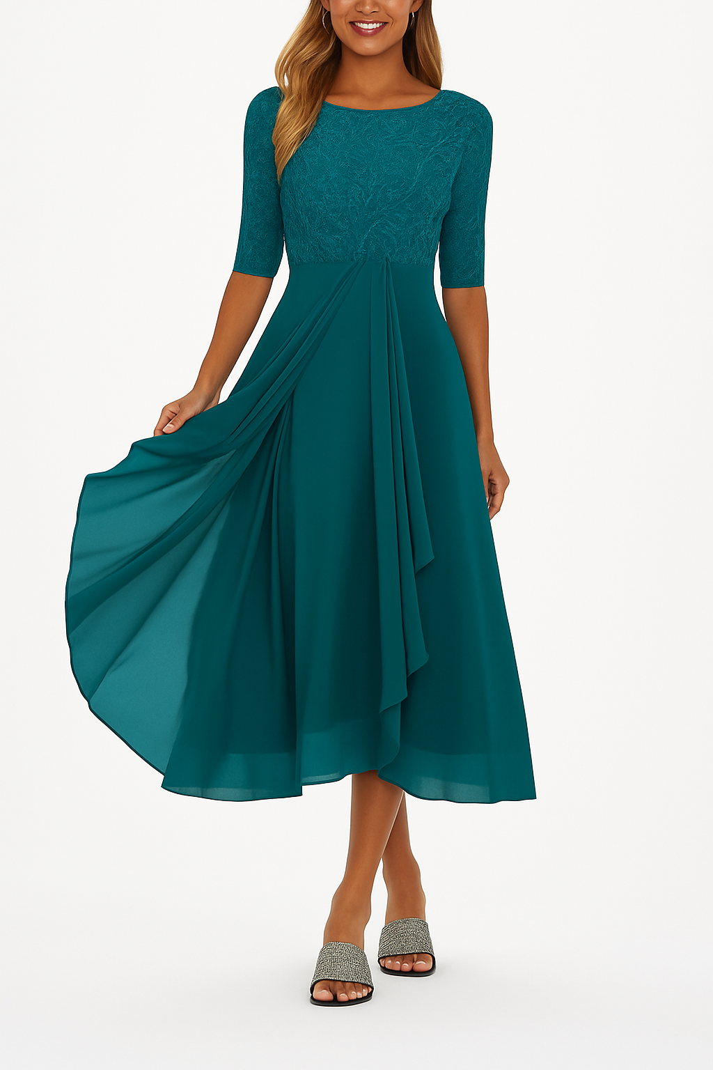 Ava | Elegant Midi Dress with Embroidered Bodice and A Line Skirt