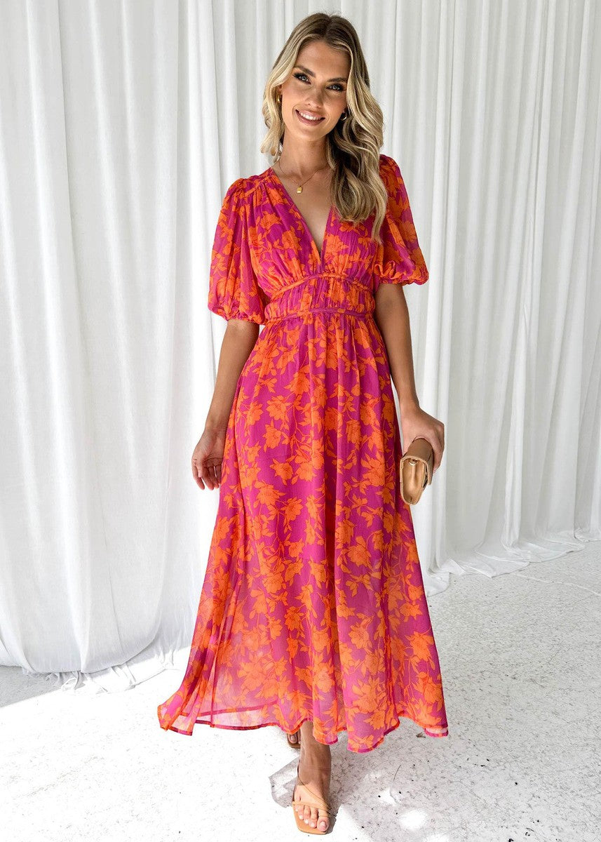 Victoria | Elegant floral midi dress with puff sleeves