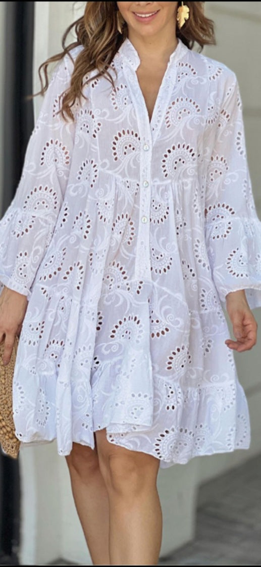 Harper | Women's eyelet ruffle mini dress with button front