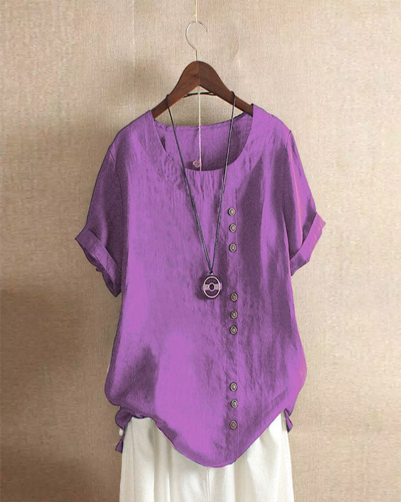 Xaria | Women’s Elegant Round-Neck Blouse with Short-Sleeve | Button