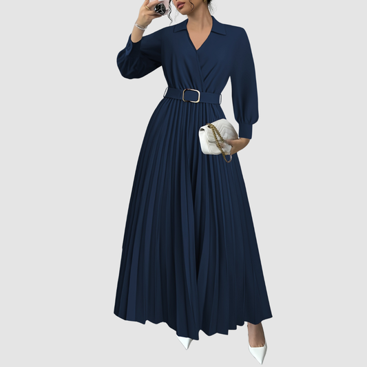 Aurora | Pleated Belted Midi Dress with Long Sleeves