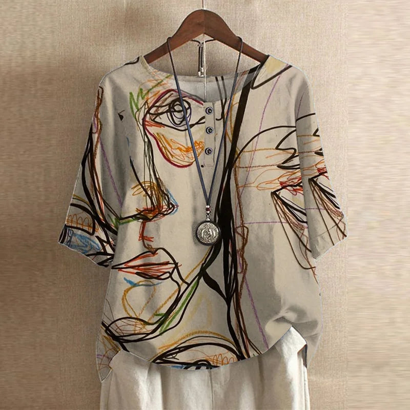 Juliette | Retro Inspired Blouse with Mixed Print Design