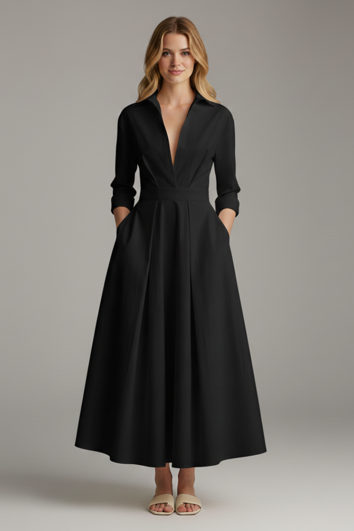 Delira | Women midi dress with shirt collar and long sleeves