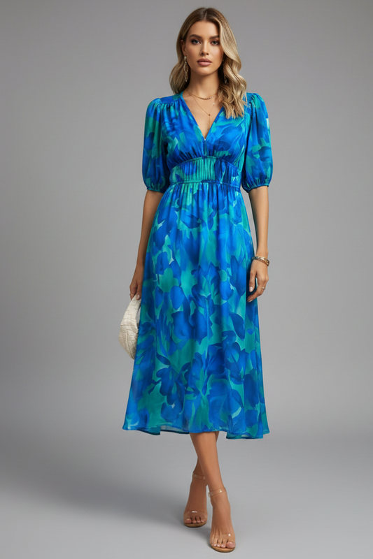 Mirela | Women midi dress with puff sleeves and V neckline