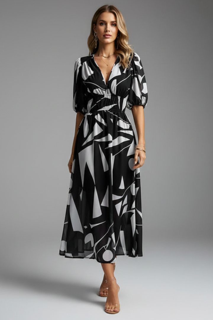 Mirela | Women midi dress with puff sleeves and V neckline