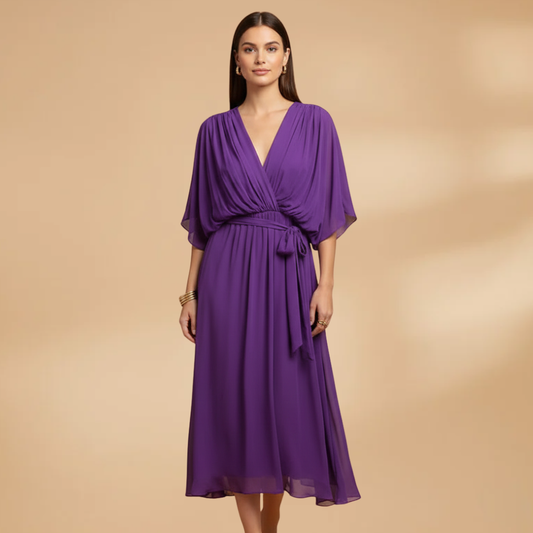 Isabella | Women’s V neck chiffon dress with flowing skirt