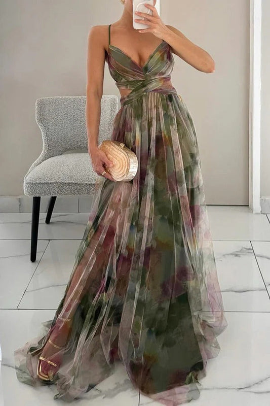 Mia | Floral Long Elegant Dress with Spaghetti Straps and Twist Front