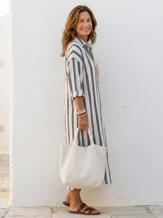 Yvonne | Women’s Striped Midi Shirt Dress With Long Sleeves