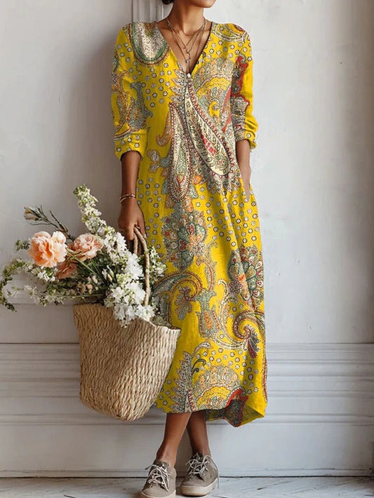 Kimberly | Women’s Floral Midi Dress With V Neck Long Sleeves