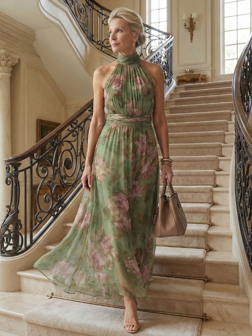 Cecilia | Women’s Floral Halter Midi Dress With Flowing Fit