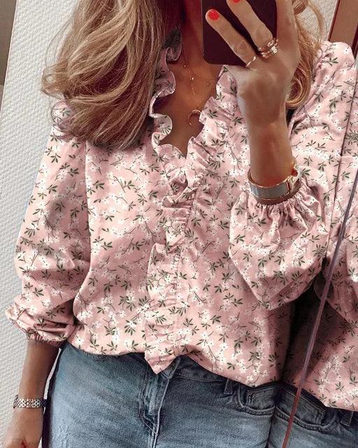 Elara | Women blouse with ruffle detail and V-neck design