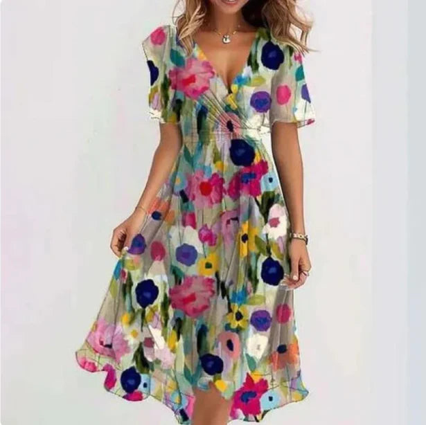 Lorveta | Women V Neck Midi Dress with Short Sleeves and Flowy Wrap Design