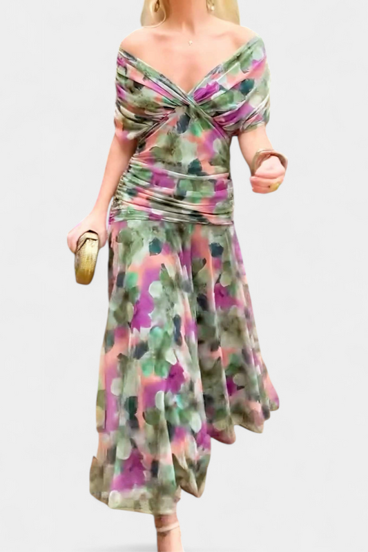 Velaria | Women Off Shoulder Maxi Dress with Ruched Bodice and Flowing Skirt