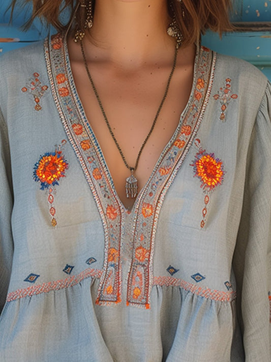 Vera | Women blouse with embroidered detail and V-neck design