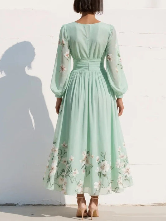 Monica | Women’s Floral Midi Dress With V Neck Long Sleeves