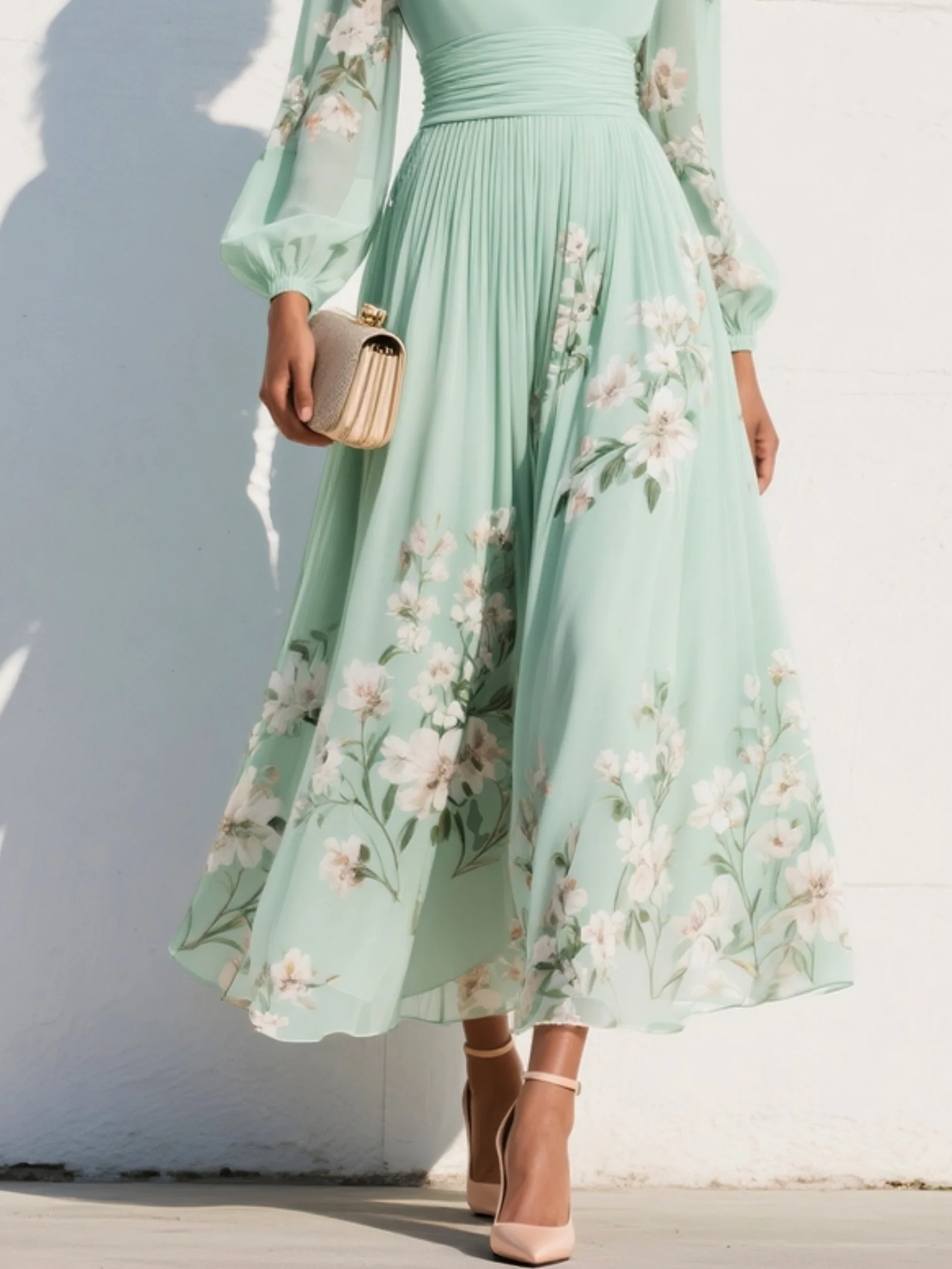 Monica | Women’s Floral Midi Dress With V Neck Long Sleeves