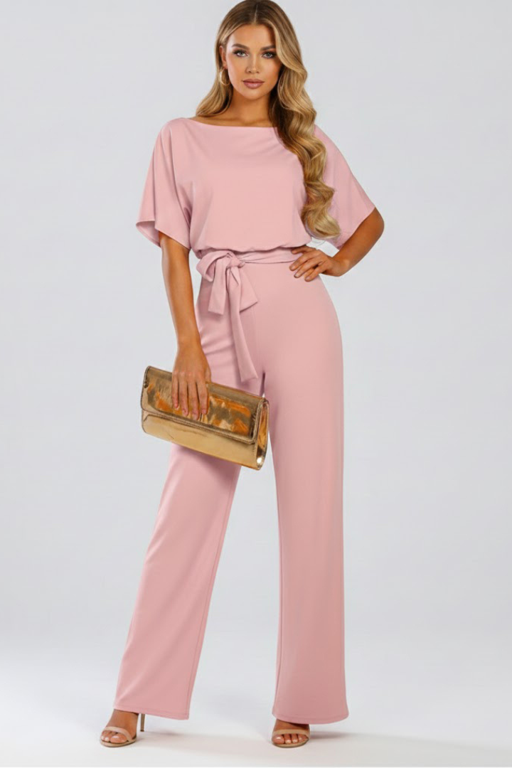 Olive | Women’s Wide Leg Jumpsuit With Short Sleeve Belted Style