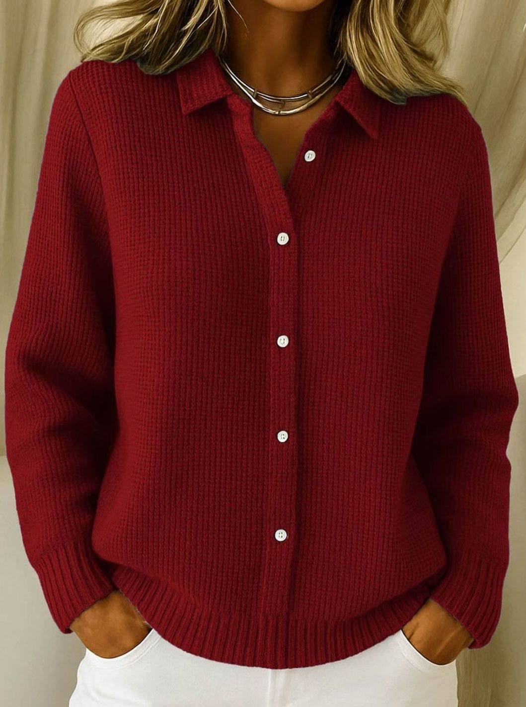 Frieda | Women's Knit Cardigan with Shirt Collar and Fitted Cut