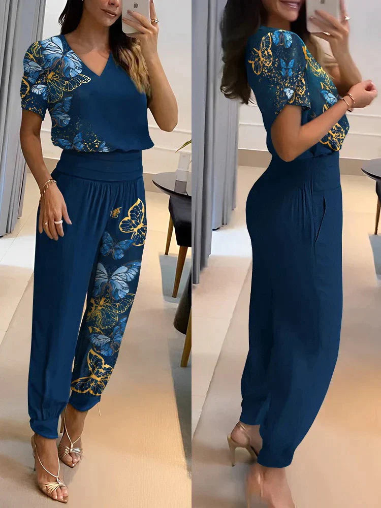 Orlina | Women Casual Two Piece Set with V Neck Top and Loose Pants