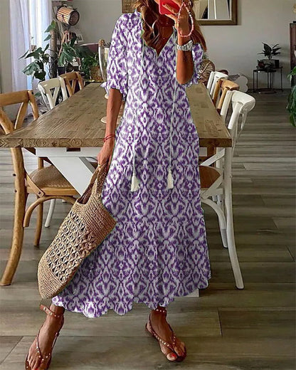 Isabella | Boho Printed Maxi Dress with V Neck and Tassel Tie