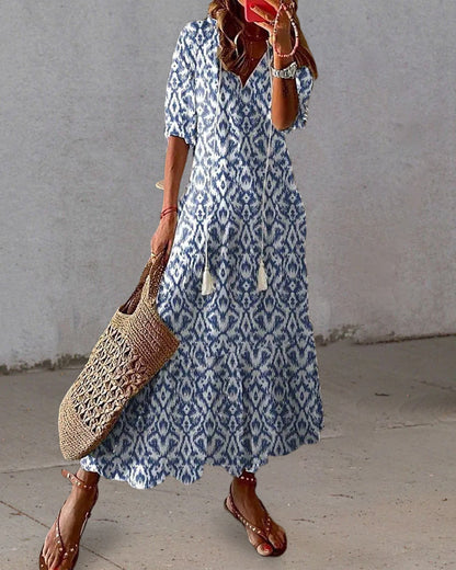 Isabella | Boho Printed Maxi Dress with V Neck and Tassel Tie
