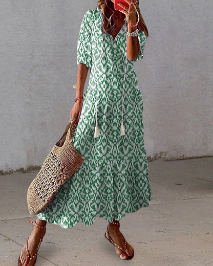 Isabella | Boho Printed Maxi Dress with V Neck and Tassel Tie
