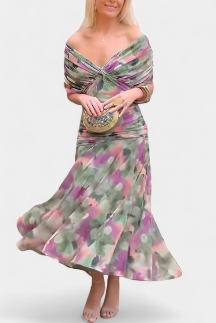 Velaria | Women Off Shoulder Maxi Dress with Ruched Bodice and Flowing Skirt
