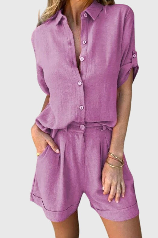 Elvoria | Women Casual Summer Outfit with Short Sleeve Shirt and Matching Shorts Set