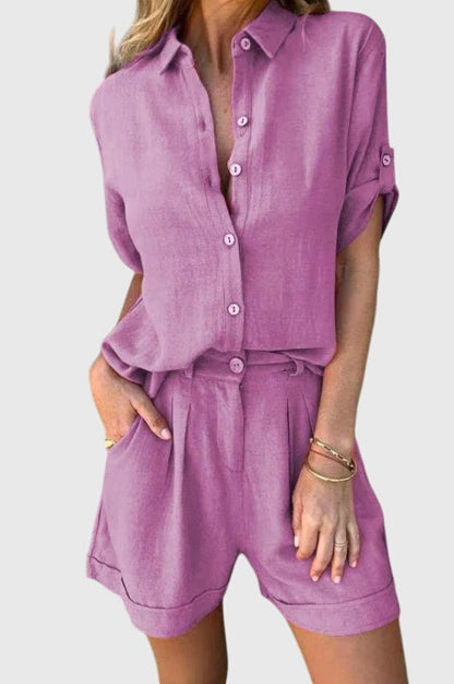 Elvoria | Women Casual Summer Outfit with Short Sleeve Shirt and Matching Shorts Set