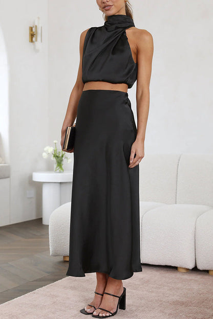 Selvara | Women Two Piece Maxi Skirt Set with Halter Neck Top and Flowing Skirt