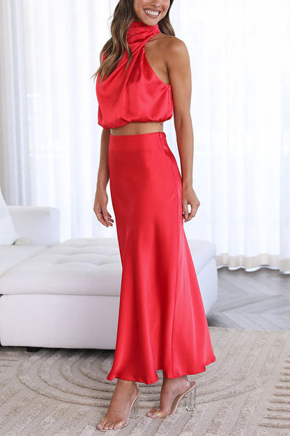 Selvara | Women Two Piece Maxi Skirt Set with Halter Neck Top and Flowing Skirt