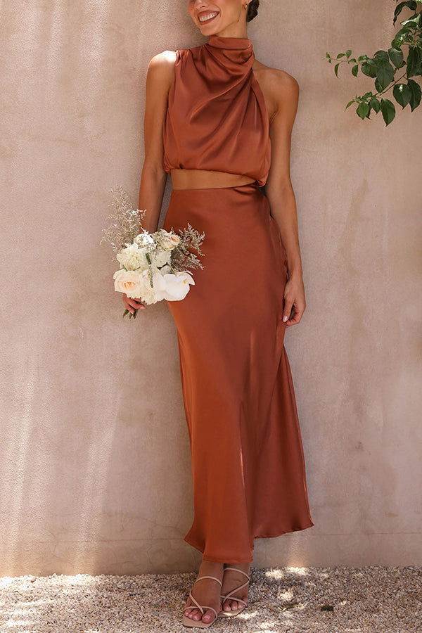 Selvara | Women Two Piece Maxi Skirt Set with Halter Neck Top and Flowing Skirt