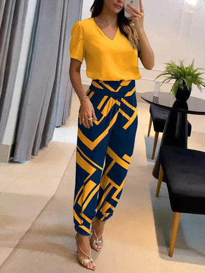 Orlina | Women Casual Two Piece Set with V Neck Top and Loose Pants