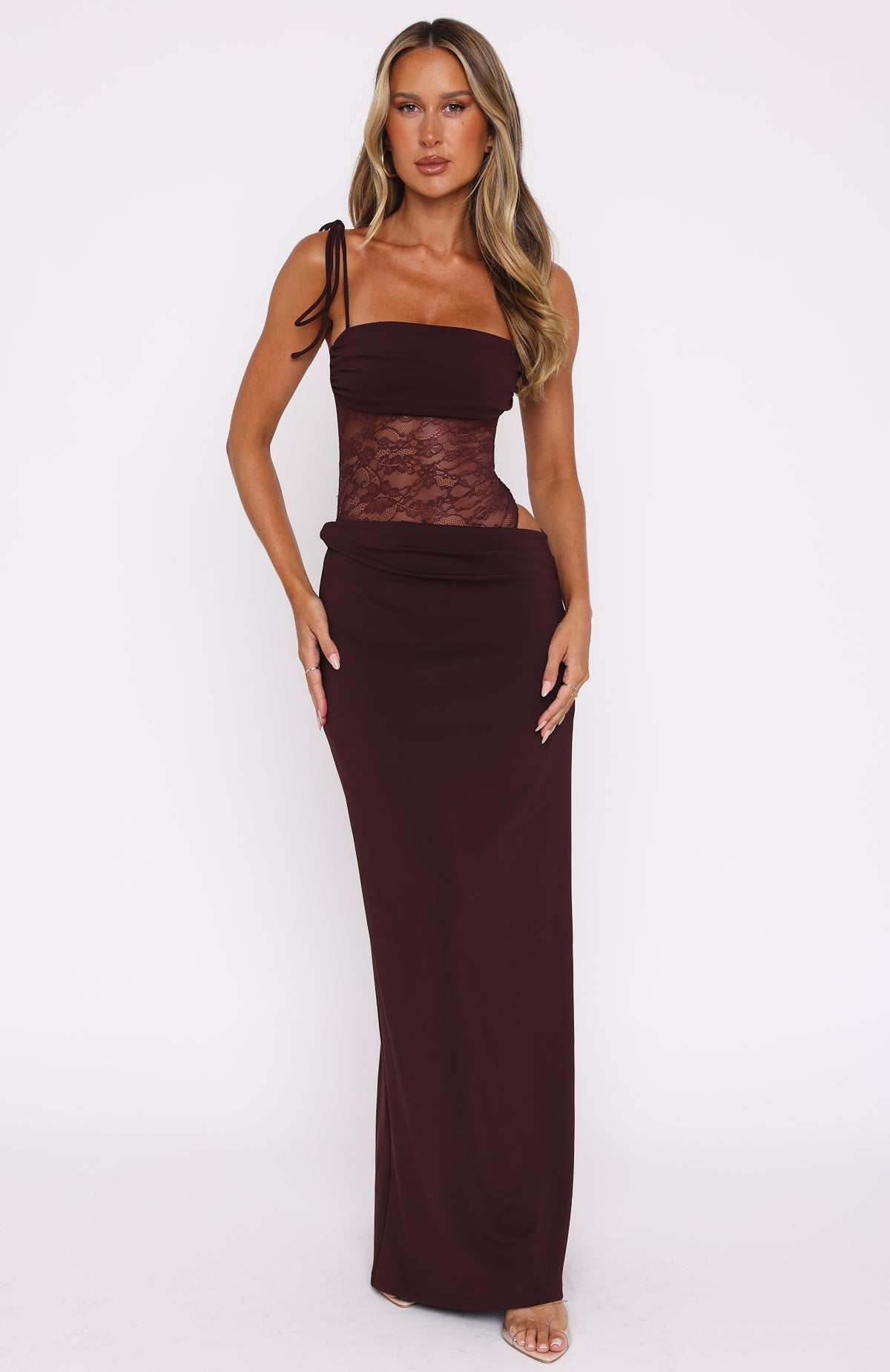 Naomi | Women's elegant maxi dress with lace panel side slit