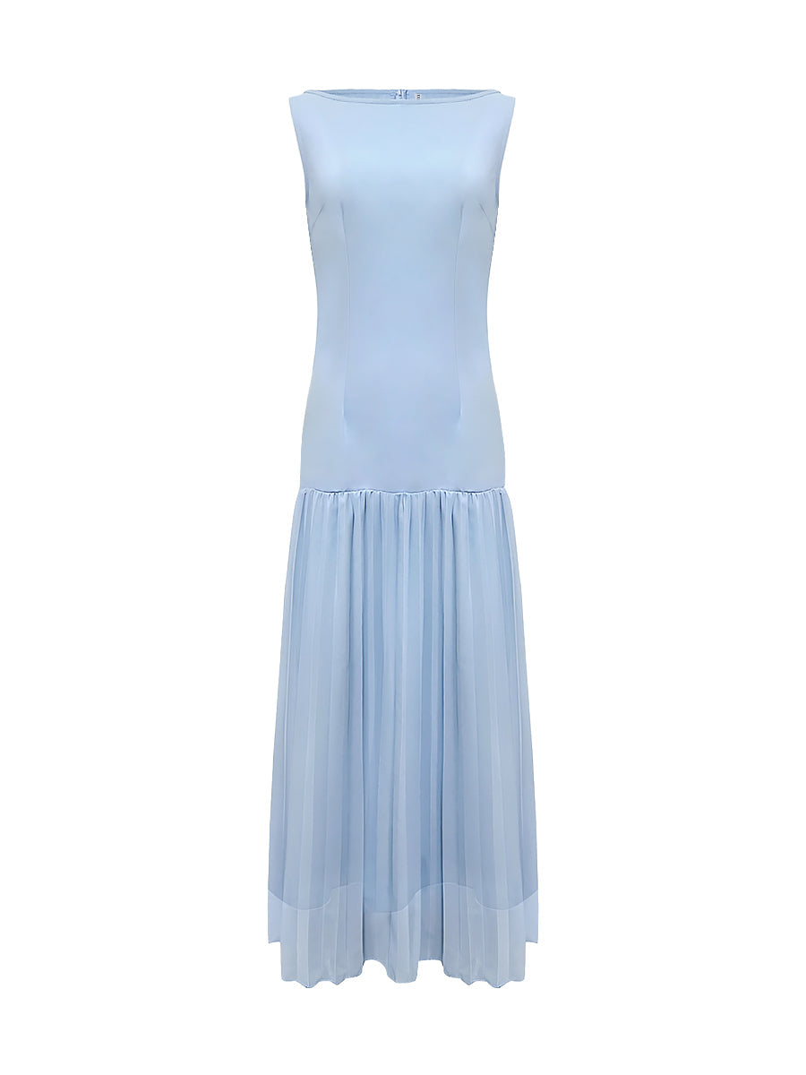 Stella | Pleated evening maxi dress with boat neck gauze