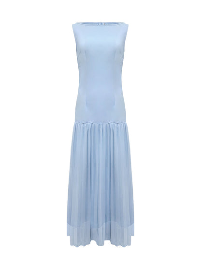 Stella | Pleated evening maxi dress with boat neck gauze