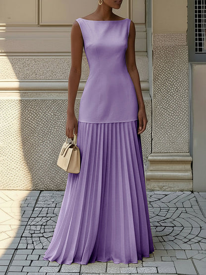 Stella | Pleated evening maxi dress with boat neck gauze