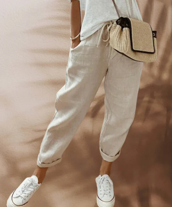 Yalena | Women’s Linen-Blend Drawstring Waist Trousers | Lightweight