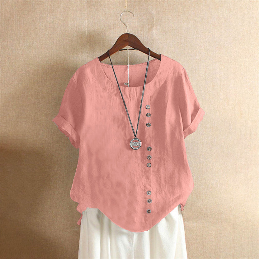 Xaria | Women’s Elegant  Round-Neck Blouse  with Short-Sleeve | Button