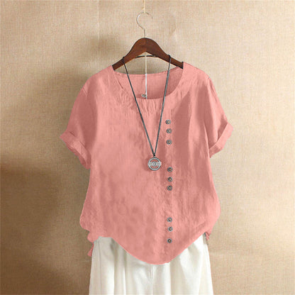 Xaria | Women’s Elegant  Round-Neck Blouse  with Short-Sleeve | Button